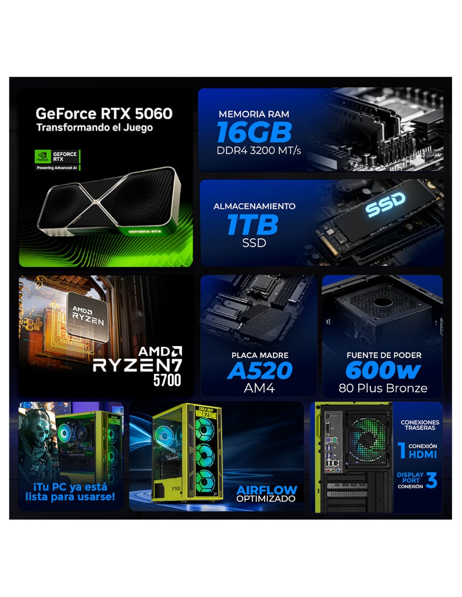 Computadora gamer xtreme pc gaming xtpcr716gb5060ge amd ryzen 7 nvidia geforce rtx 5060 16 GB RAM 1 TB SSD