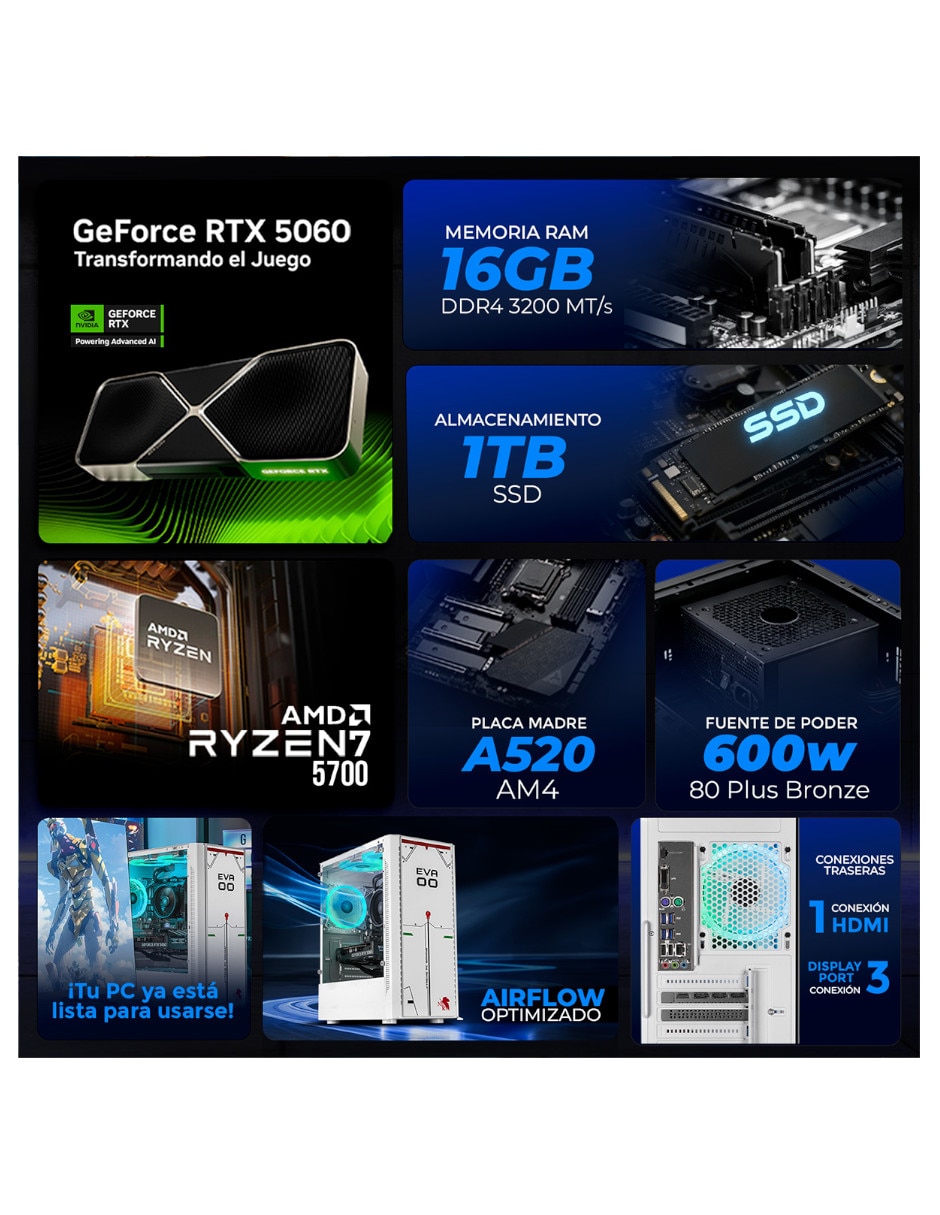Computadora gamer xtreme pc gaming xtpcr716gb5060eva00e amd ryzen 7 nvidia geforce rtx 5060 16 GB RAM 1 TB SSD
