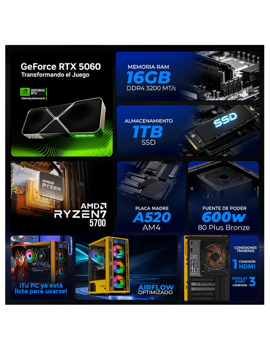 Computadora gamer xtreme pc gaming xtpcr716gb5060le amd ryzen 7 nvidia geforce rtx 5060 16 GB RAM 1 TB SSD