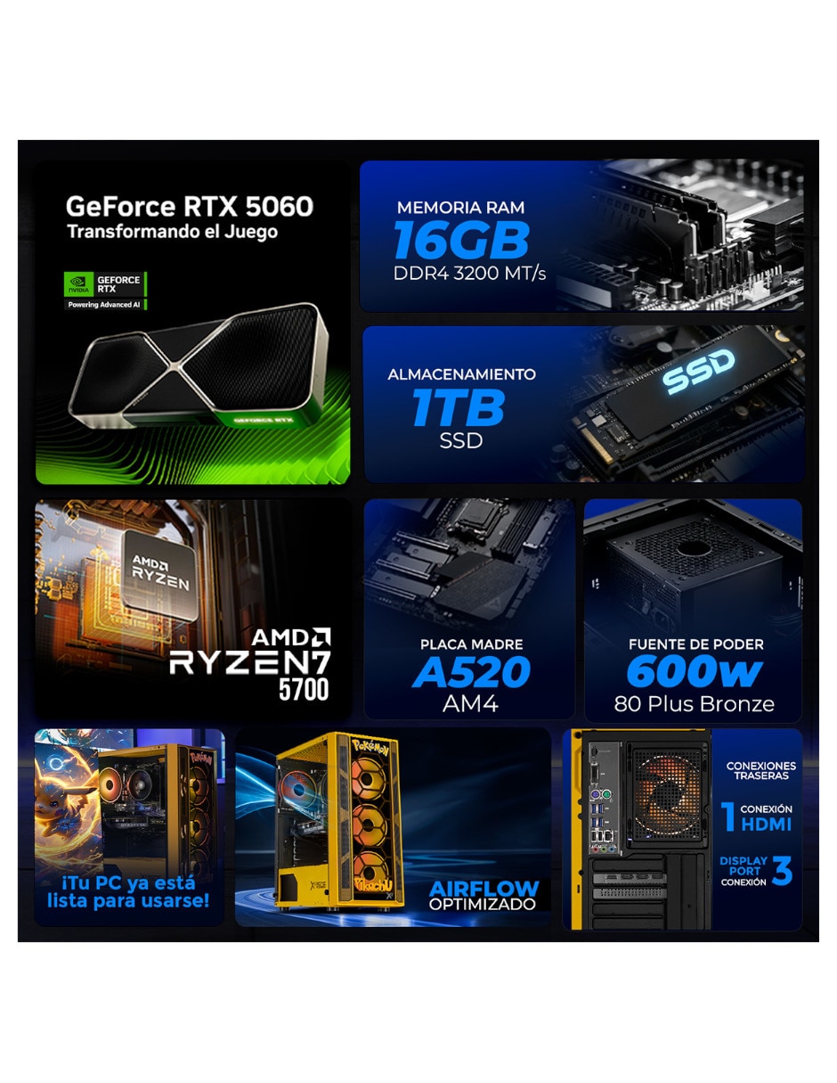 Computadora gamer xtreme pc gaming xtpcr716gb5060pe amd ryzen 7 nvidia geforce rtx 5060 16 GB RAM 1 TB SSD
