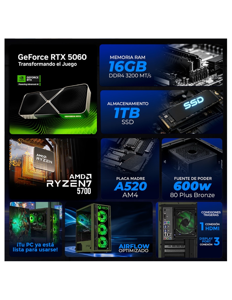 Computadora gamer xtpcr716gb5060xbe amd ryzen 7 nvidia geforce rtx 5060 16 GB RAM 1 TB SSD 8