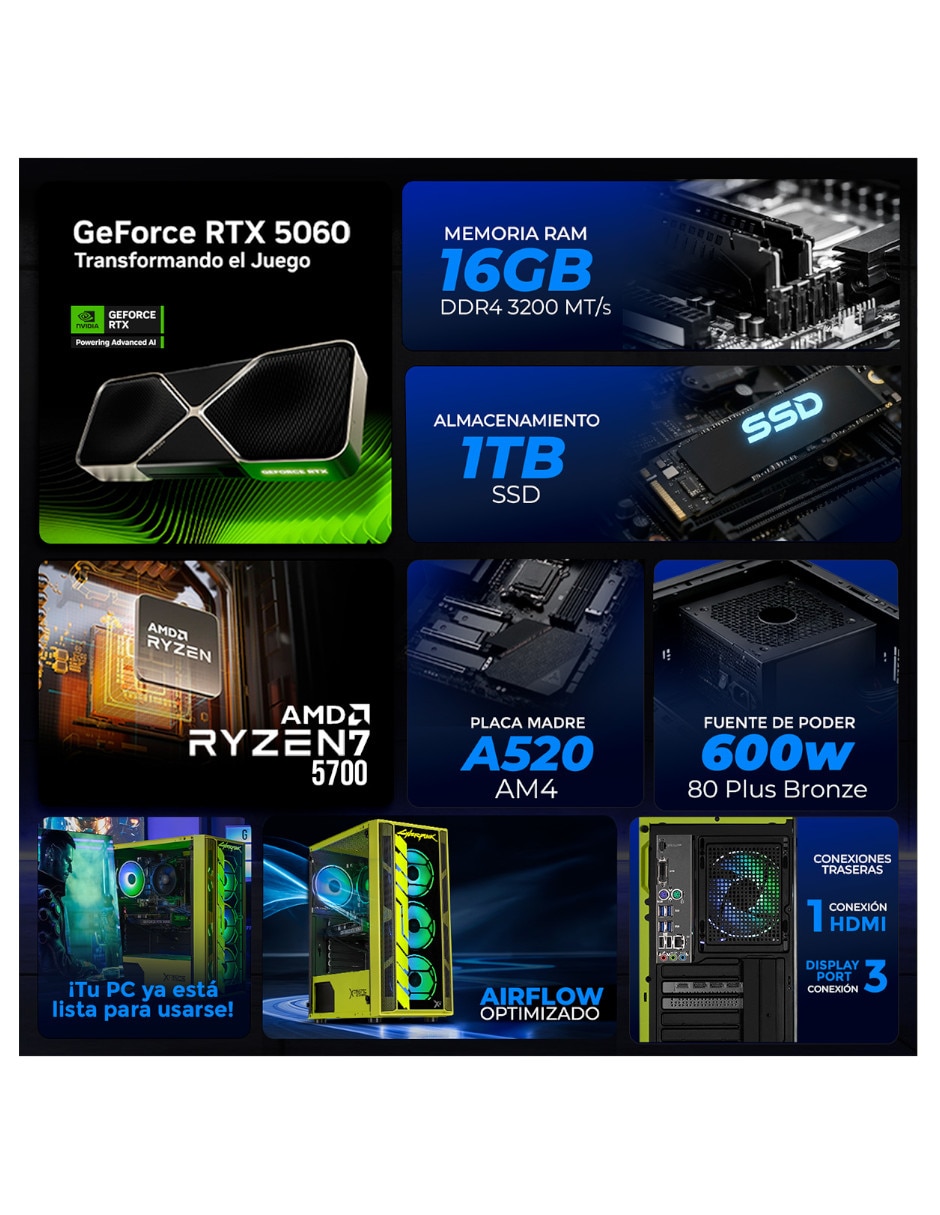 Computadora gamer xtreme pc gaming xtpcr716gb5060cv amd ryzen 7 nvidia geforce rtx 5060 16 GB RAM 1 TB SSD