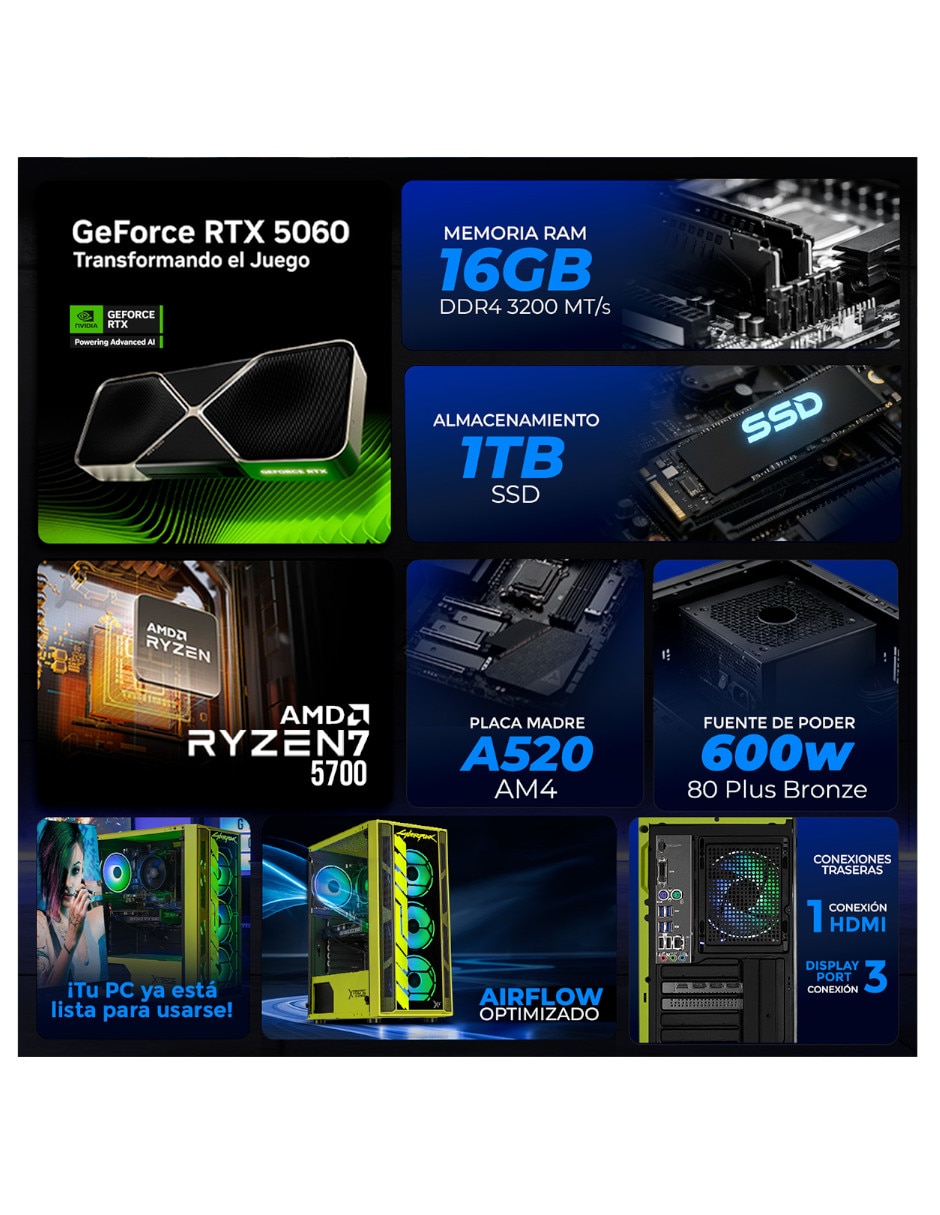 Computadora gamer xtreme pc gaming xtpcr716gb5060cv2 amd ryzen 7 nvidia geforce rtx 5060 16 GB RAM 1 TB SSD