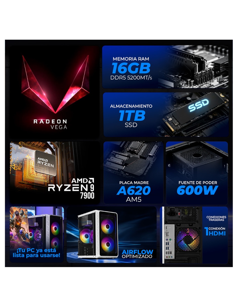 Computadora gamer xtreme pc gaming xtpcr932gb5780mmdw 27 pulgadas incluye monitor amd ryzen 9 amd radeon 780m 16 GB RAM 1 TB SSD