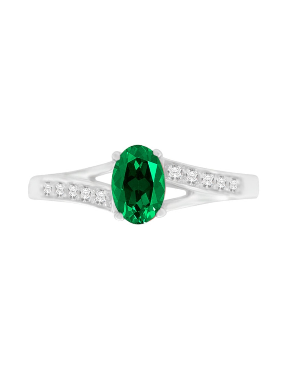 Anillo con gema oval leanny 14 k de oro blanco esmeralda y diamante brillante