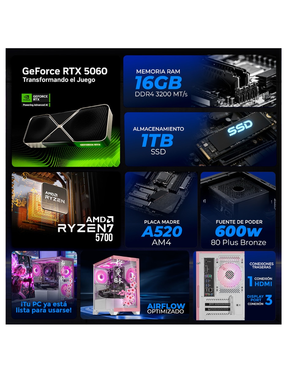 Computadora gamer Xtreme Pc Gaming xtpcr716gb5060sce AMD Ryzen 7 Nvidia Geforce RTX 5060 16 GB RAM 1 TB SSD