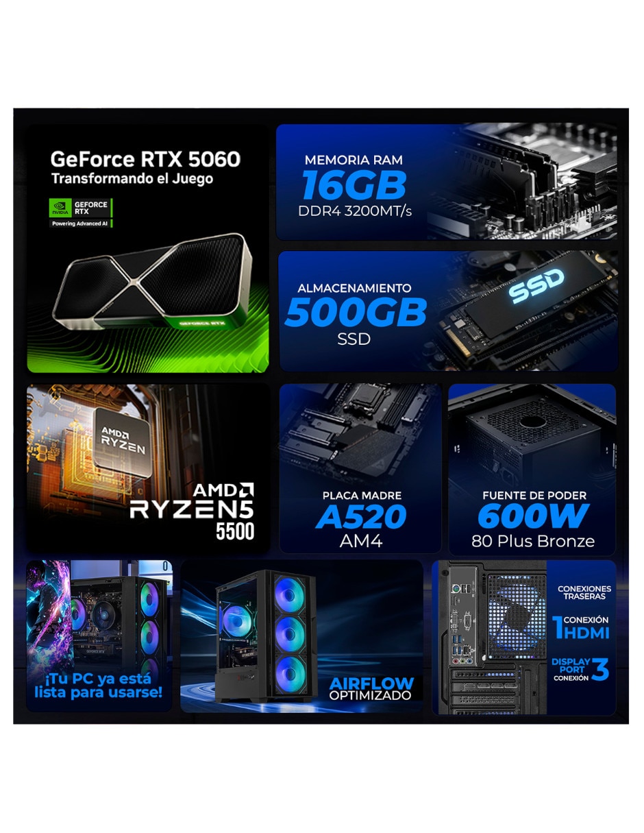 Computadora gamer Xtreme Pc Gaming xtpcr532gb4060db AMD Ryzen 5 Nvidia Geforce RTX 5060 16 GB RAM 500 GB SSD