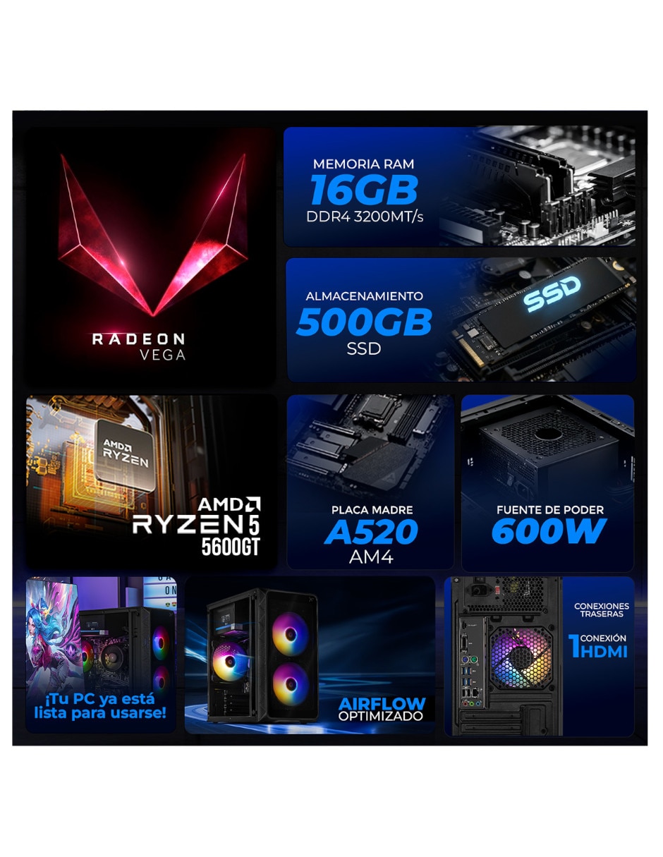 Computadora gamer XTPCR516GBVEGA7DB AMD Ryzen 5 AMD Radeon Graphics 16 GB RAM 500 GB SSD 9