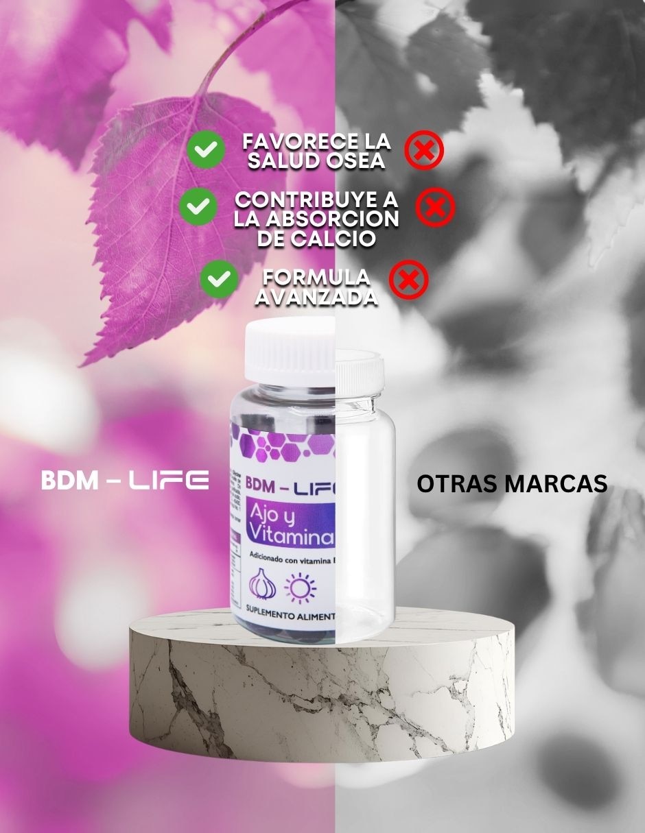 Suplemento Alimenticio ajo y Vitamina D3 adicionado con Vitamina E Life apoyo cardiovascular Bdm Lab 120 cápsulas