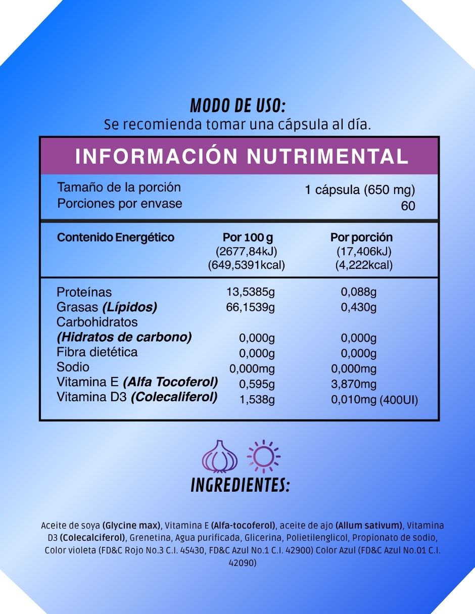 Suplemento Alimenticio ajo y Vitamina D3 adicionado con Vitamina E Life apoyo cardiovascular Bdm Lab 120 cápsulas