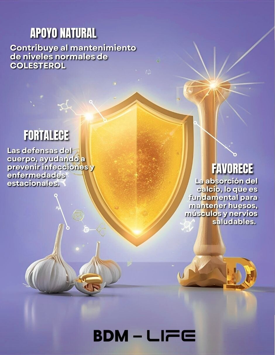 Suplemento Alimenticio ajo y Vitamina D3 adicionado con Vitamina E Life apoyo cardiovascular Bdm Lab 120 cápsulas