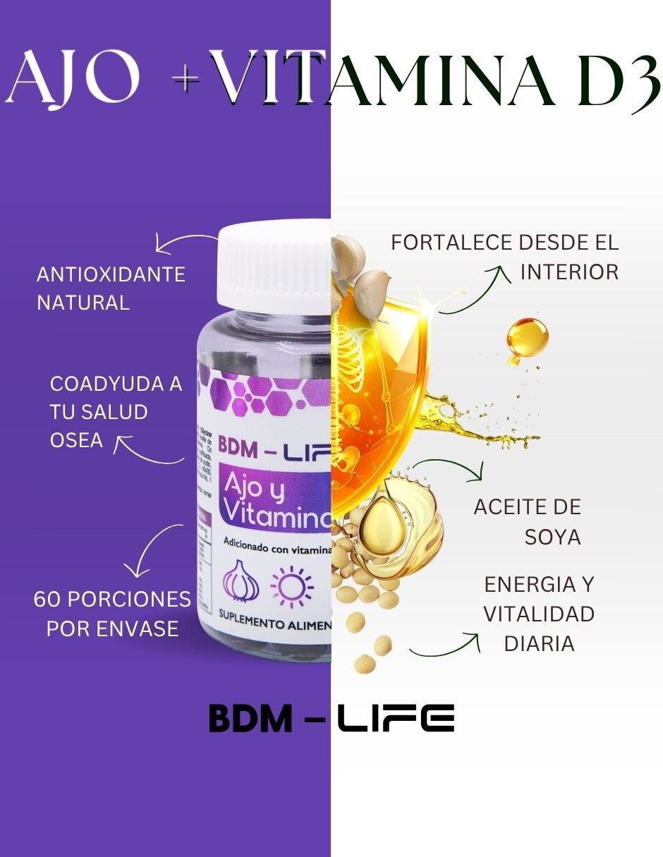 Suplemento Alimenticio ajo y Vitamina D3 adicionado con Vitamina E Life apoyo cardiovascular Bdm Lab 120 cápsulas