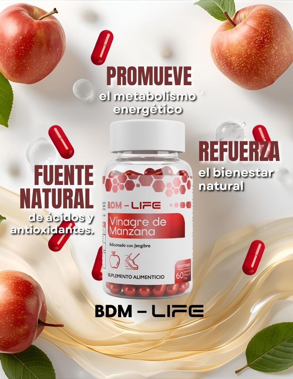 Suplemento Alimenticio Vinagre de Manzana Adicionado con Jengibre Life Apoyo Metabolico Bdm Lab con BHB Cetonas de frambuesa y vitamina C 120 cápsulas