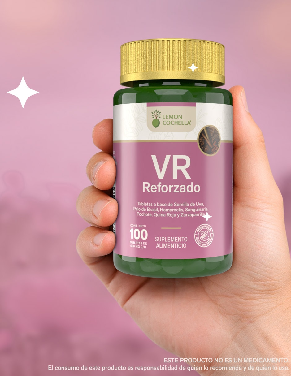 Suplemento alimenticio VR Reforzado Lemon Cochella con semilla de uva palo de Brasil Hammamelis Sanguinaria Pochote Quina Roja Zarzaparilla