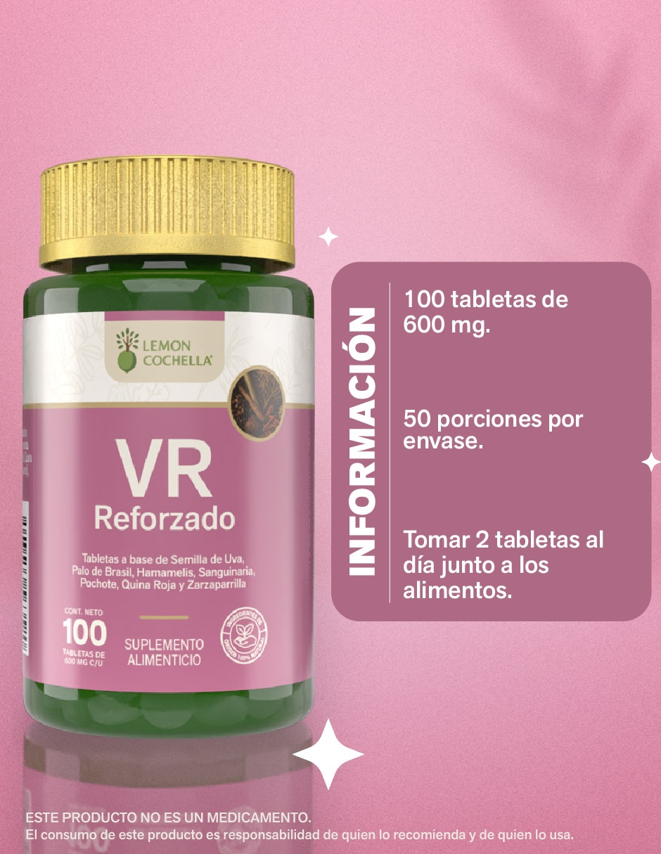 Suplemento alimenticio VR Reforzado Lemon Cochella con semilla de uva palo de Brasil Hammamelis Sanguinaria Pochote Quina Roja Zarzaparilla