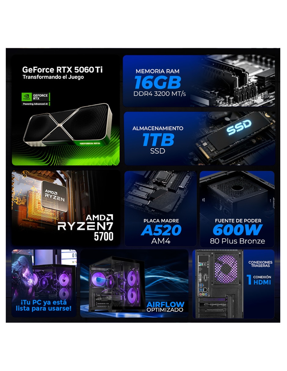 Computadora gamer XTAER732GB4060TIMBB 31.5 pulgadas Full HD AMD Ryzen 7 NVIDIA GeForce RTX 5060 Ti 16 GB RAM 1 TB SSD 9
