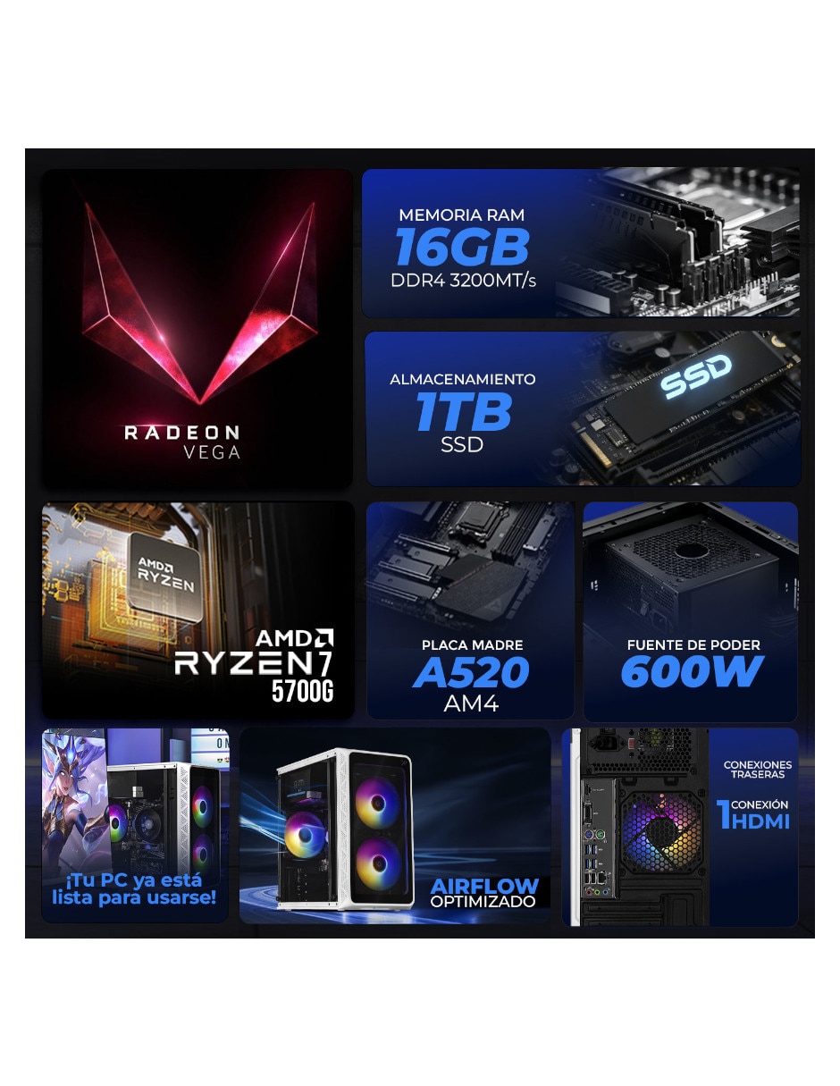 Computadora gamer Xtreme Pc Gaming XTACR732GBVEGA7MDPW 24 pulgadas Full HD AMD Ryzen 7 AMD Radeon Graphics 16 GB RAM 1 TB SSD