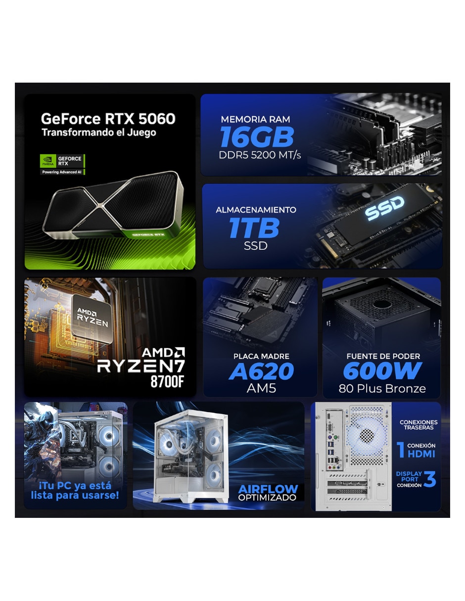 Computadora gamer XTREME PC GAMING XTBRR732GB54060TPW AMD Ryzen 7 NVIDIA GeForce RTX 5060 16 GB RAM 1 TB SSD