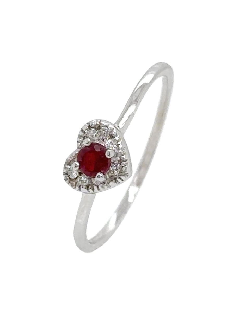 Anillo con gema de corazón IDC 14 K de oro blanco rubí y diamante acabado brillante
