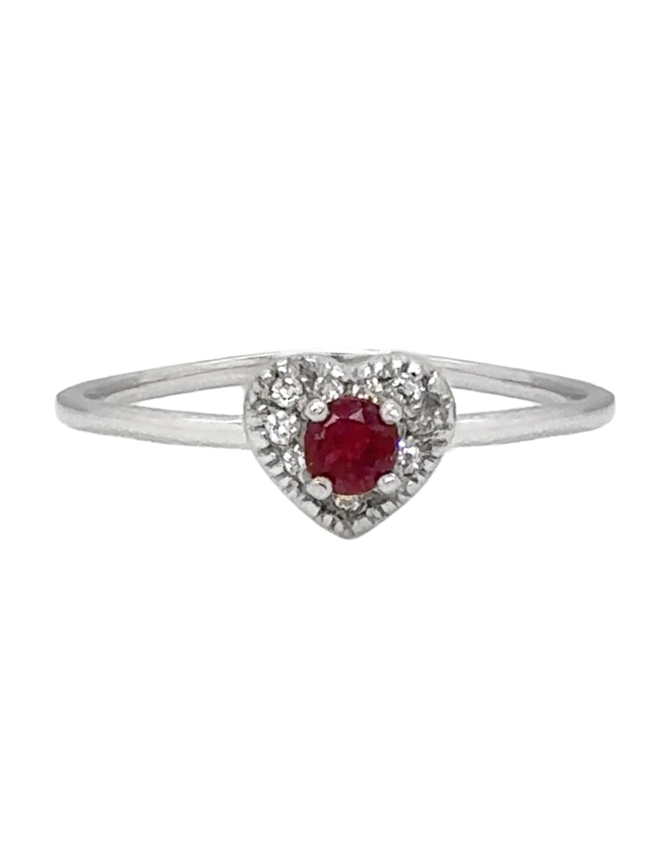 Anillo con gema de corazón 14 K de oro blanco rubí y diamante acabado brillante