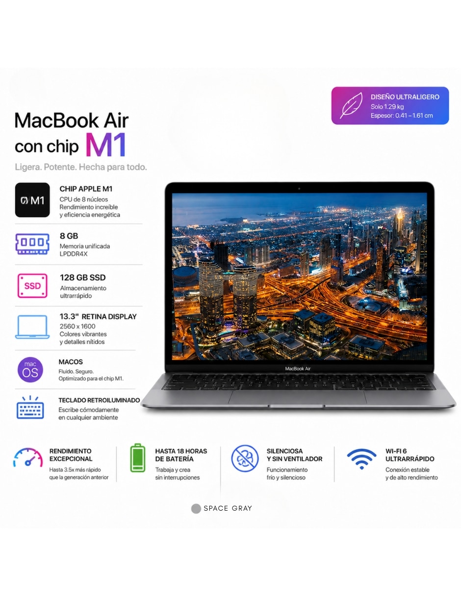 Laptop A2337 13.3 pulgadas 2560 x 1600 M1 Integradas 8 GB RAM 128 GB SSD reacondicionado 2