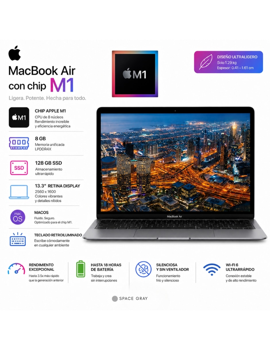 APPLE Laptop Apple A2337 13.3 pulgadas 2560 x 1600 M1 Integradas 8 GB RAM 128 GB SSD reacondicionado