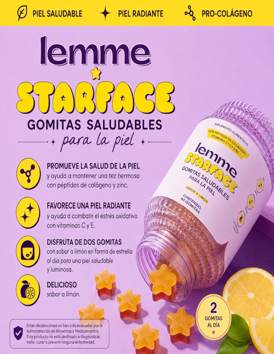 Gomitas Lemme Starface para una piel sana LEMME con Multivitaminico sabor Lima limón de