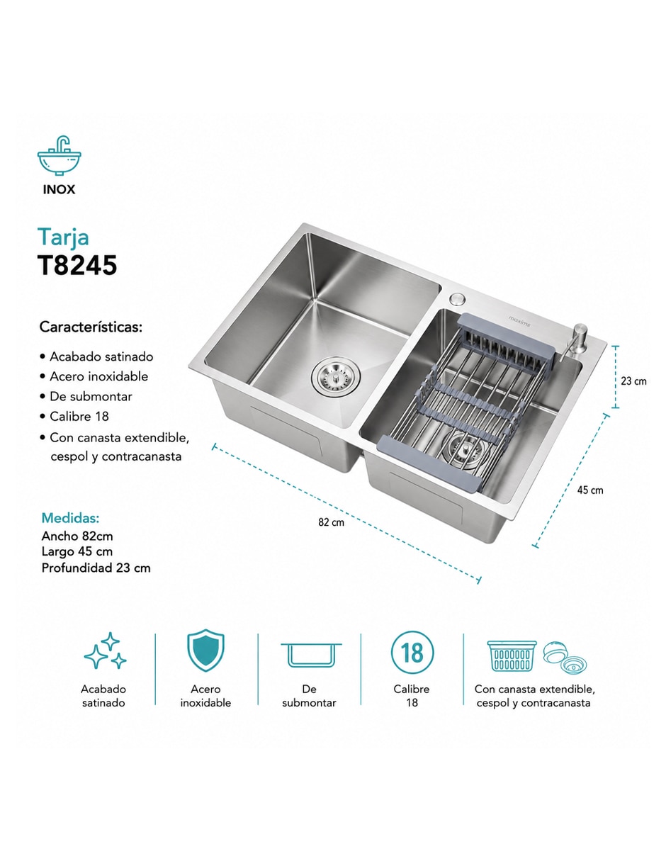Fregadero de acero inoxidable Maxims con escurridor T8245