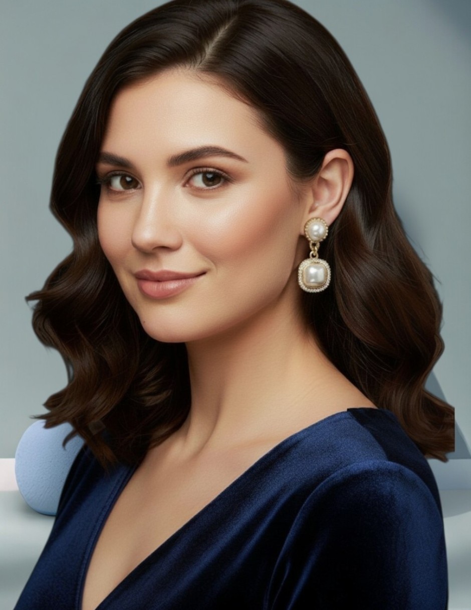 Aretes largos cuadrados Arette Mallorca Bijux con acabado brillante perla con zirconia