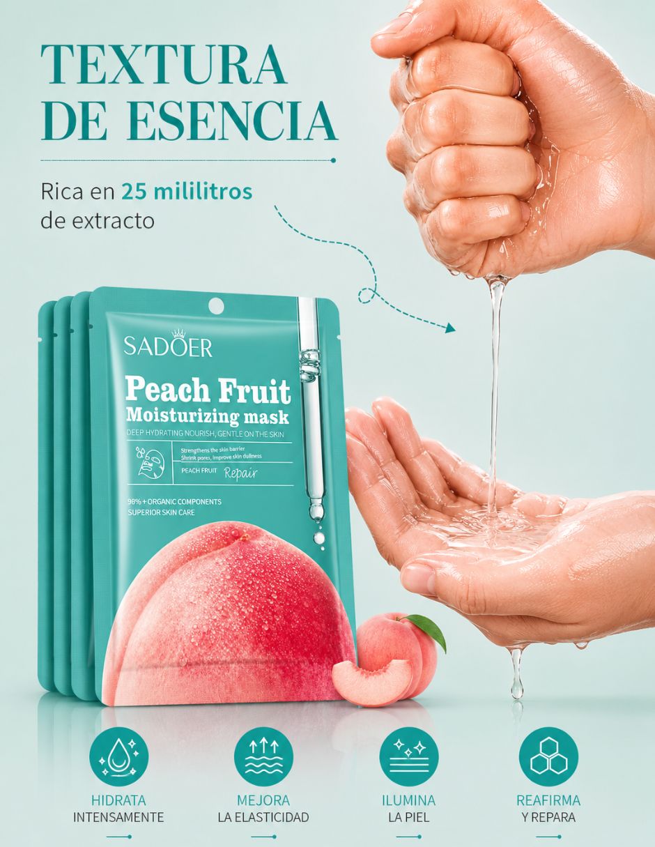 Kit 5 Mascarillas faciales hidratantes y reparadoras de melocotón para hidratar Sadoer