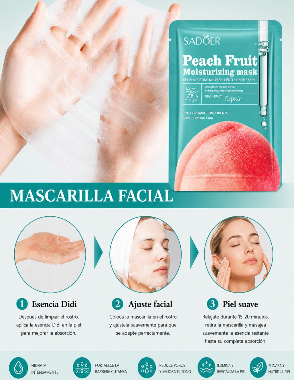 Kit 5 Mascarillas faciales hidratantes y reparadoras de melocotón para hidratar Sadoer