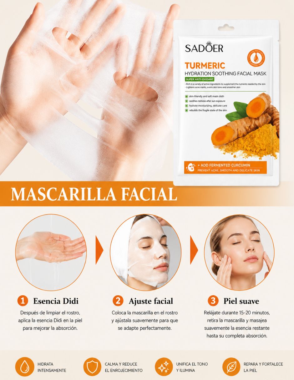 Kit 5 mascarillas faciales antinflamatorias con cúrcuma para relajación Sadoer