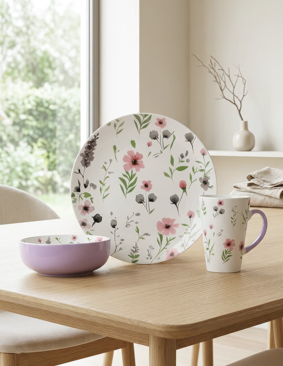 Vajilla cerrada Amina Flowers de porcelana para 4 personas