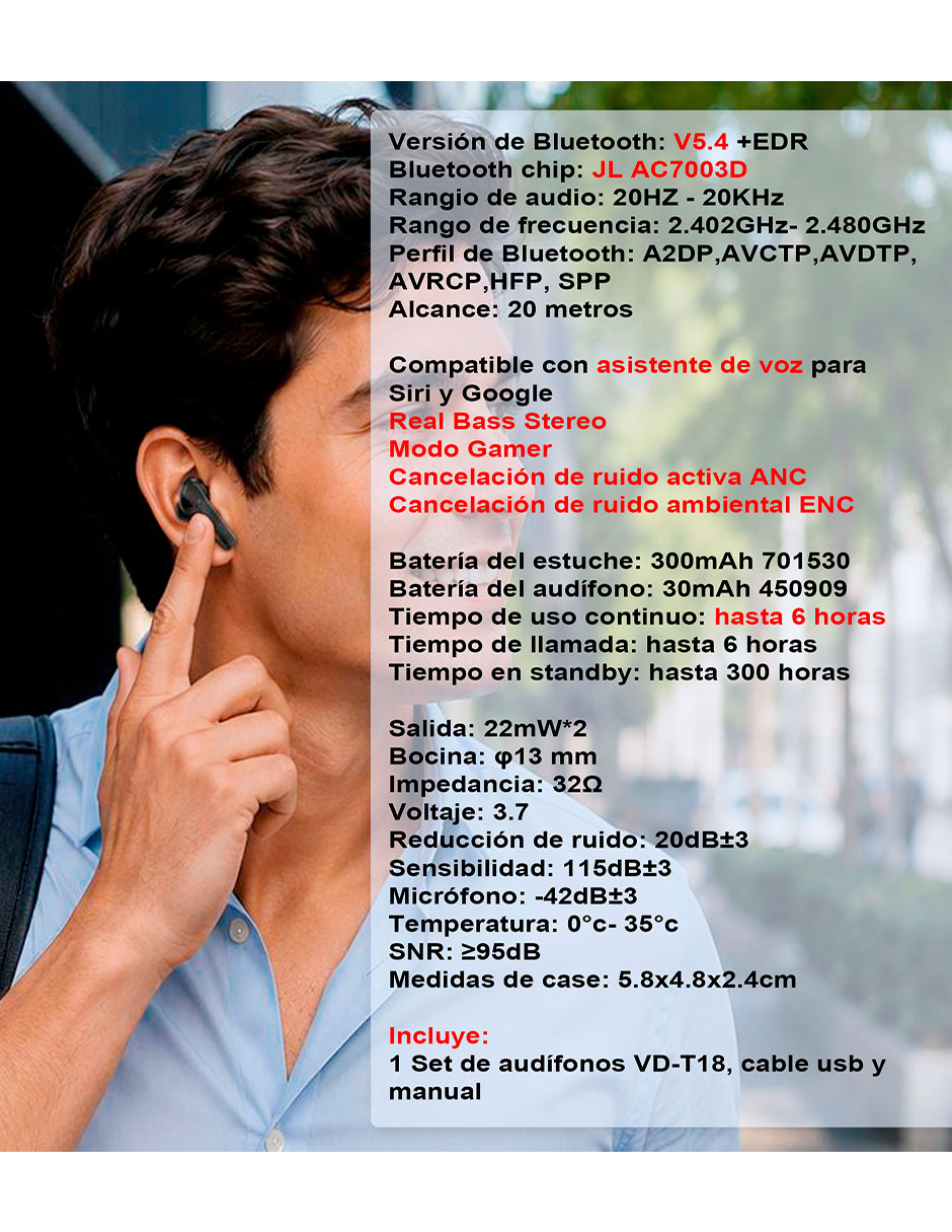 Audífonos True Wireless Vak VD-T18 inalámbricos con cancelación de ruido