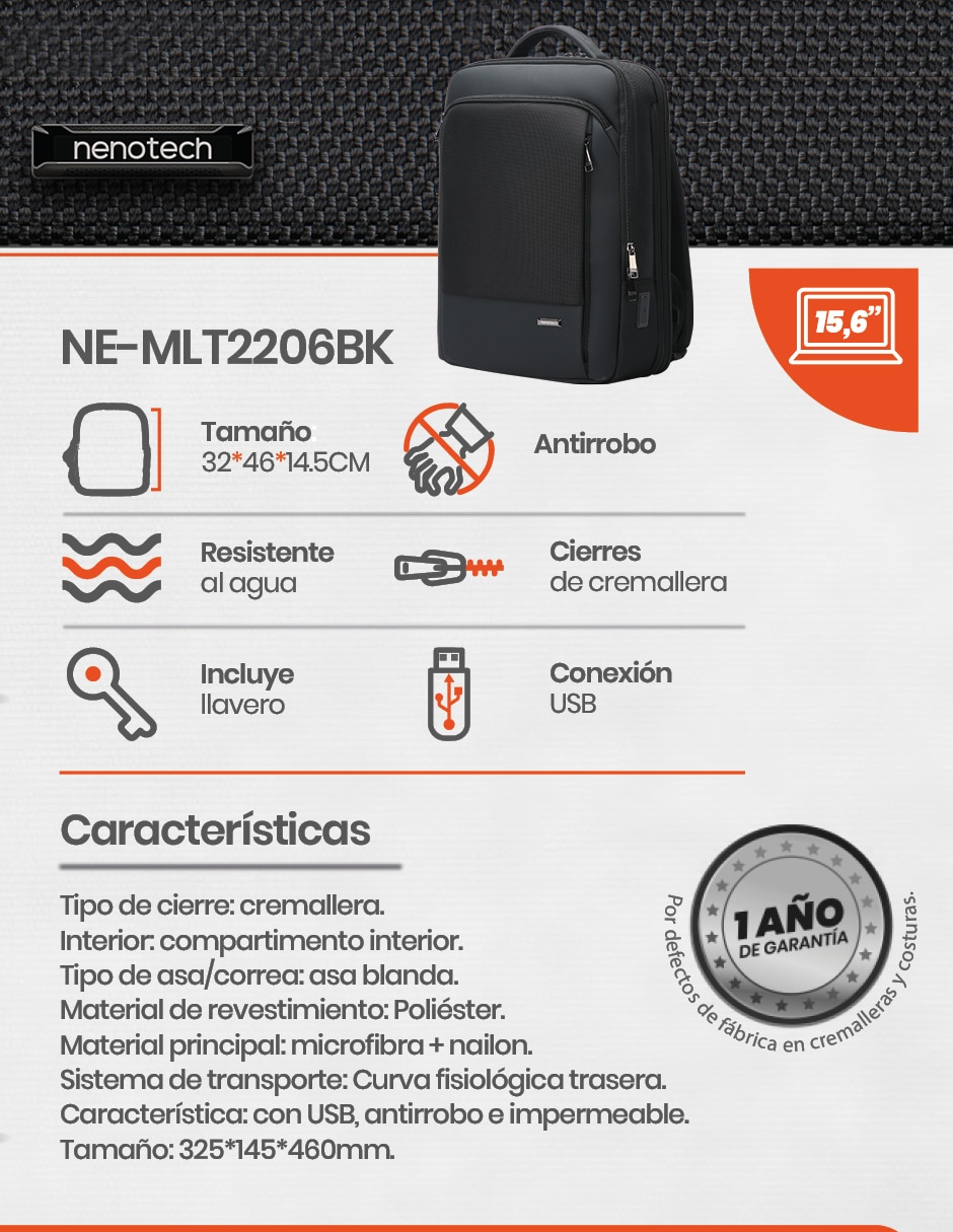 Mochila con portalaptop Nenotech  A71215 Impermeable unisex
