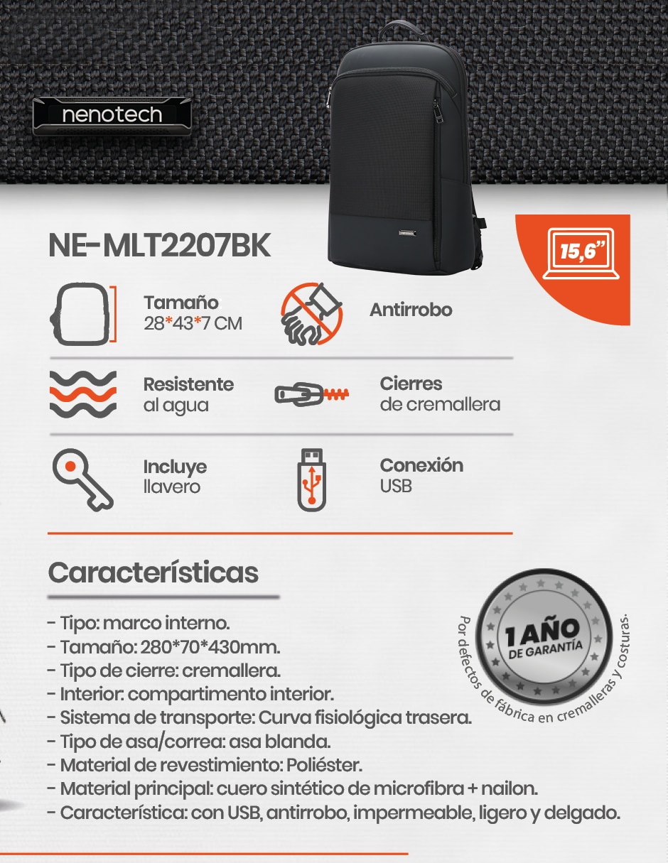 Mochila con portalaptop Nenotech A71216 Impermeable unisex