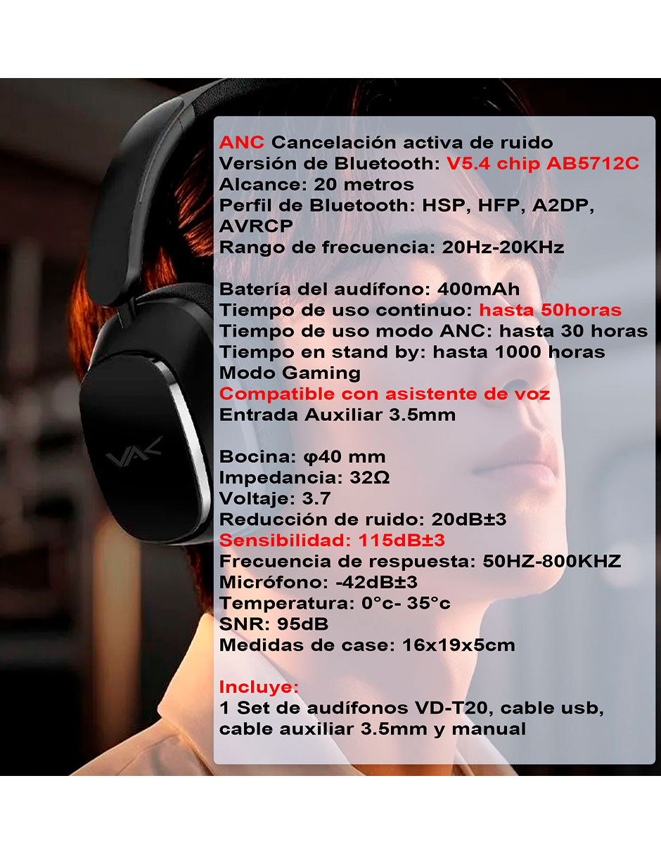 Audífonos de diadema Vak VD-T20-N alámbrico e inalámbrico con cancelación de ruido