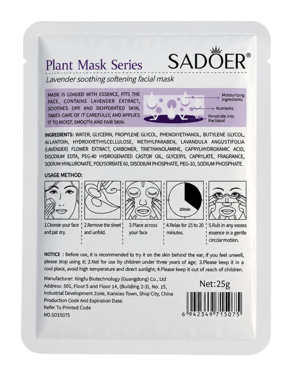 Mascarilla facial Relajantes de Lavanda Sadoer