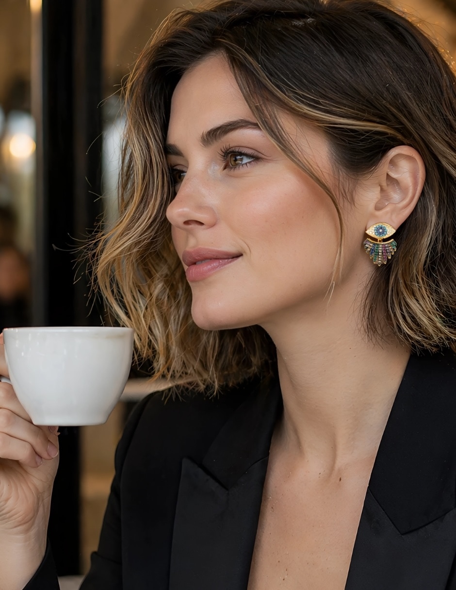 Aretes de ojo Yoiko íris con acabado baño de oro zirconia