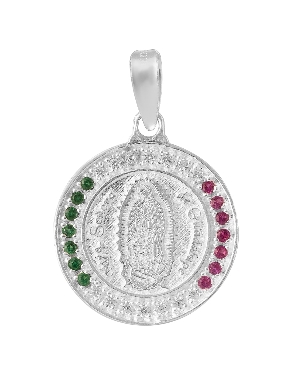 Medalla redonda Virgen de Guadalupe de plata P 925 zirconia