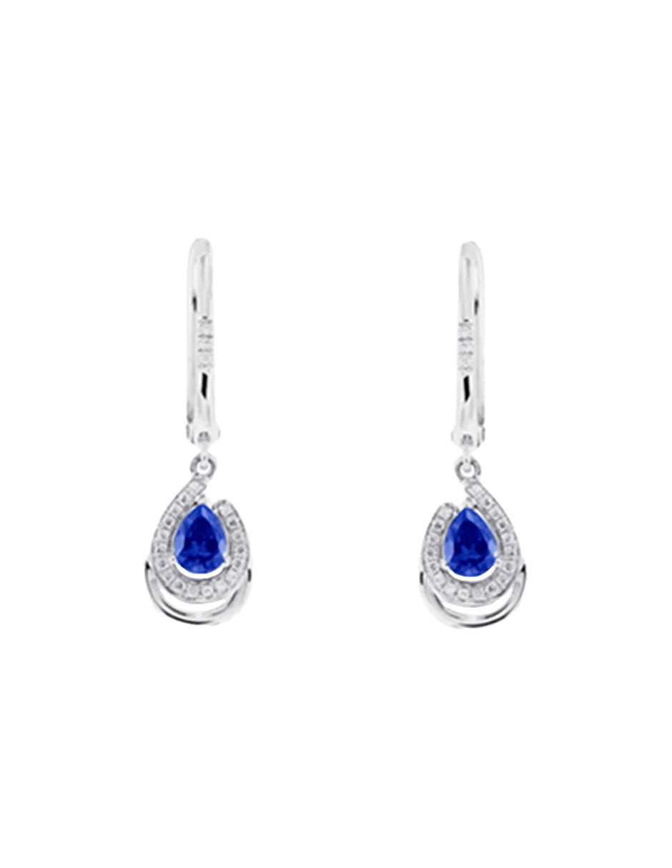 Aretes largos ovalados Fulvia de oro 14 K con acabado brillante zafiro y diamante Aretes largos ovalados Fulvia de oro 14 K con acabado brillante zafiro y diamante