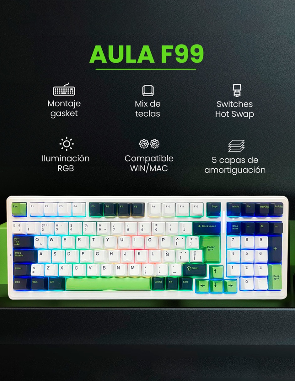 Teclado gamer USB-C QWERT español con interruptor Lineal Aula F87