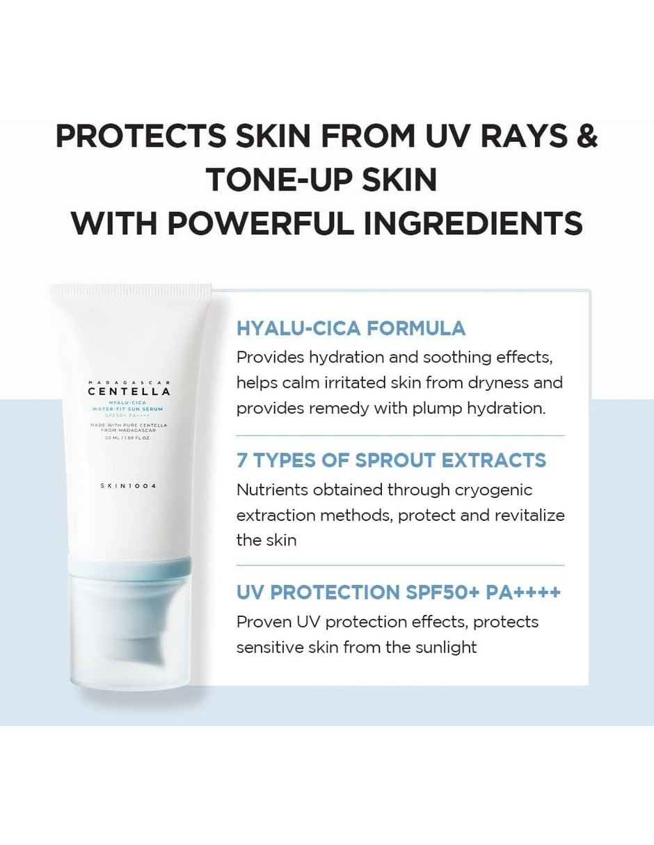 Kit de protector solar fps 50+ hyalu-cica water-fit sun serum 50ml skin 1004 madagascar centella hyalu-cica