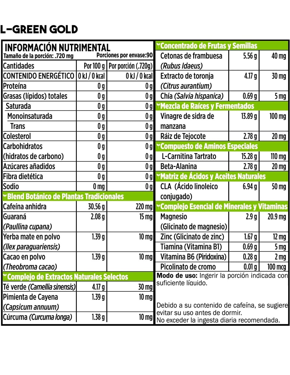 Suplementos alimenticios l-green gold 90 cápsulas con vegano de origen orgánico con cafeína 2
