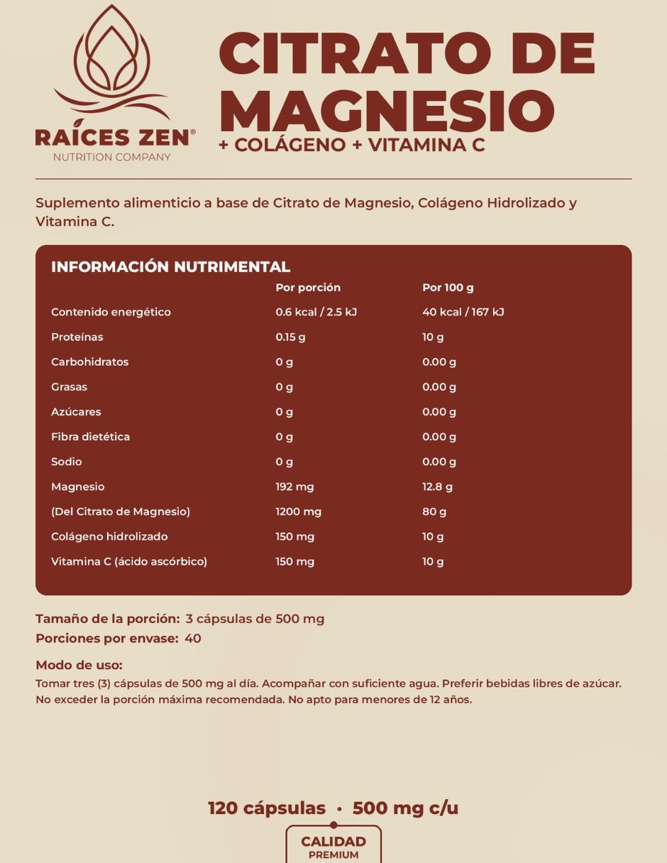Citrato de magnesio + colageno Raíces Zen con citrato de magnesio