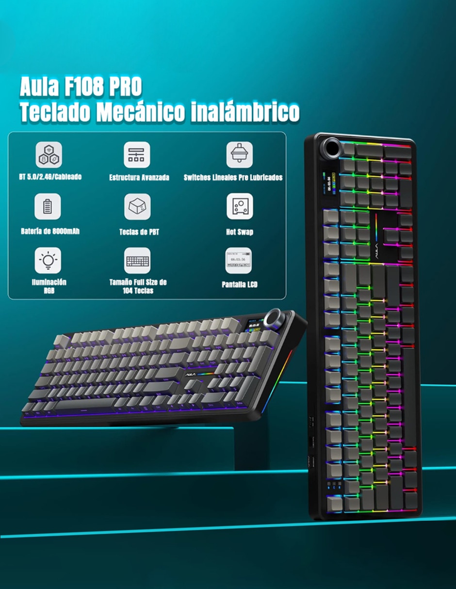 Teclado gamer alámbrica e inalámbrica qwert inglés con interruptor capacitivo Aula f108 pro