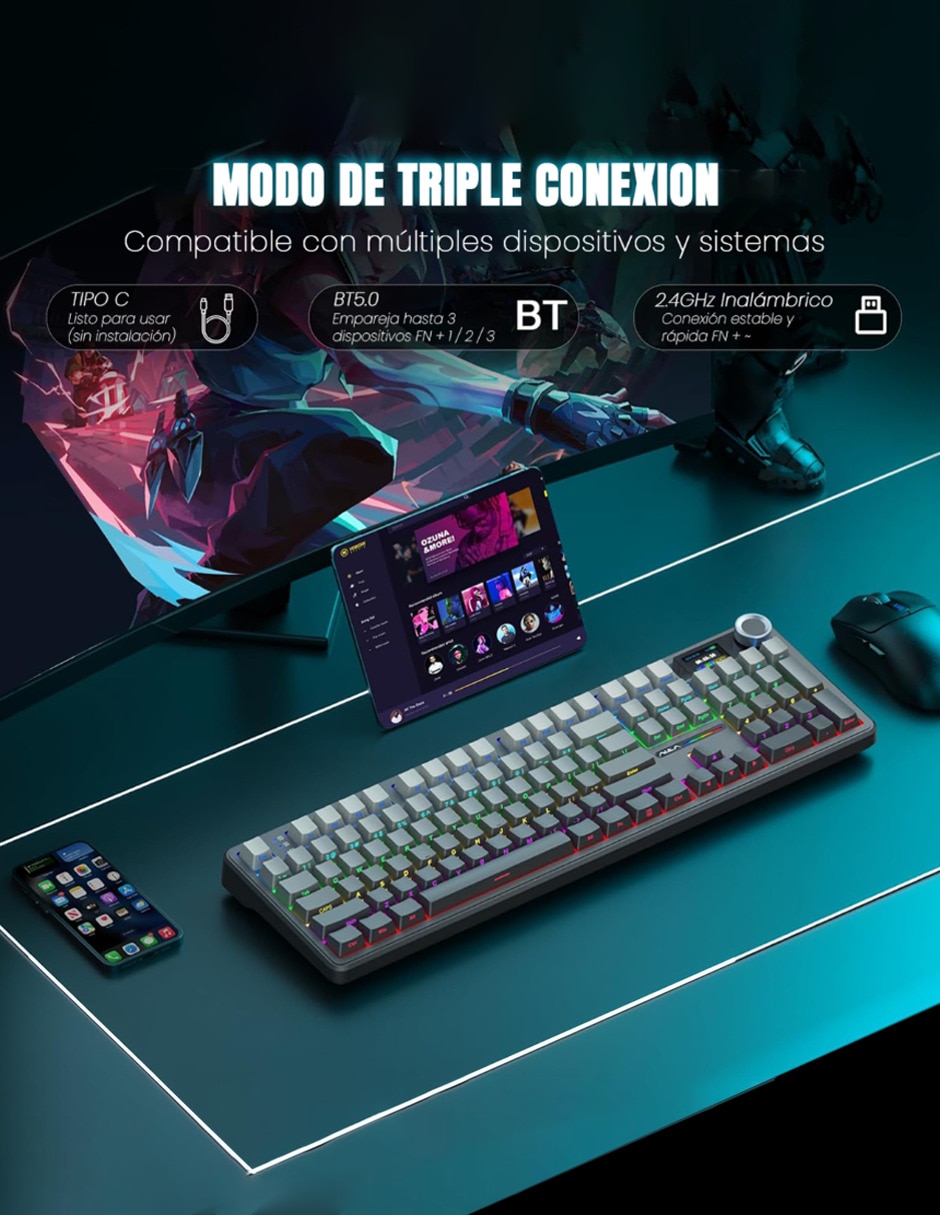 Teclado gamer alámbrica e inalámbrica qwert inglés con interruptor capacitivo Aula f108 pro
