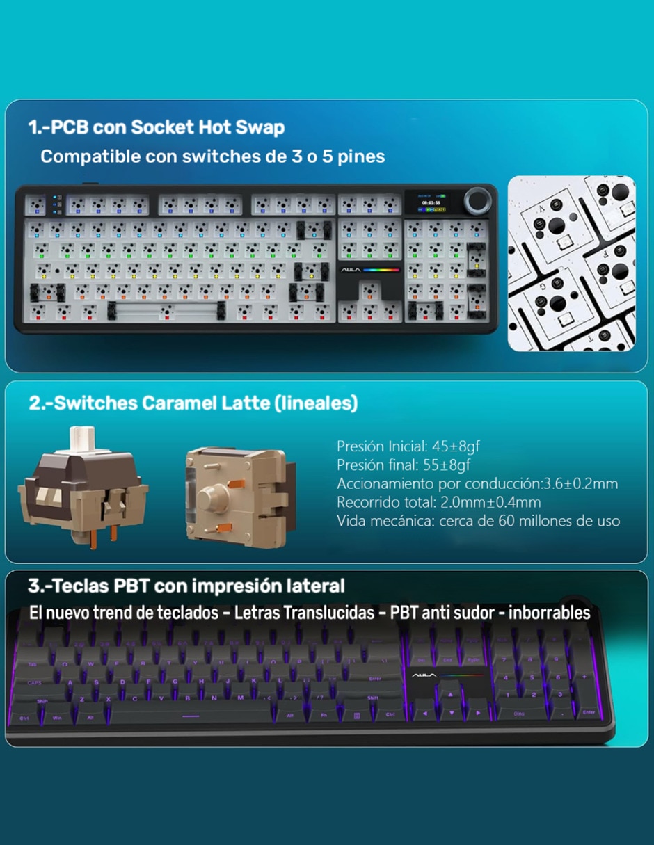 Teclado gamer alámbrica e inalámbrica qwert inglés con interruptor capacitivo Aula f108 pro