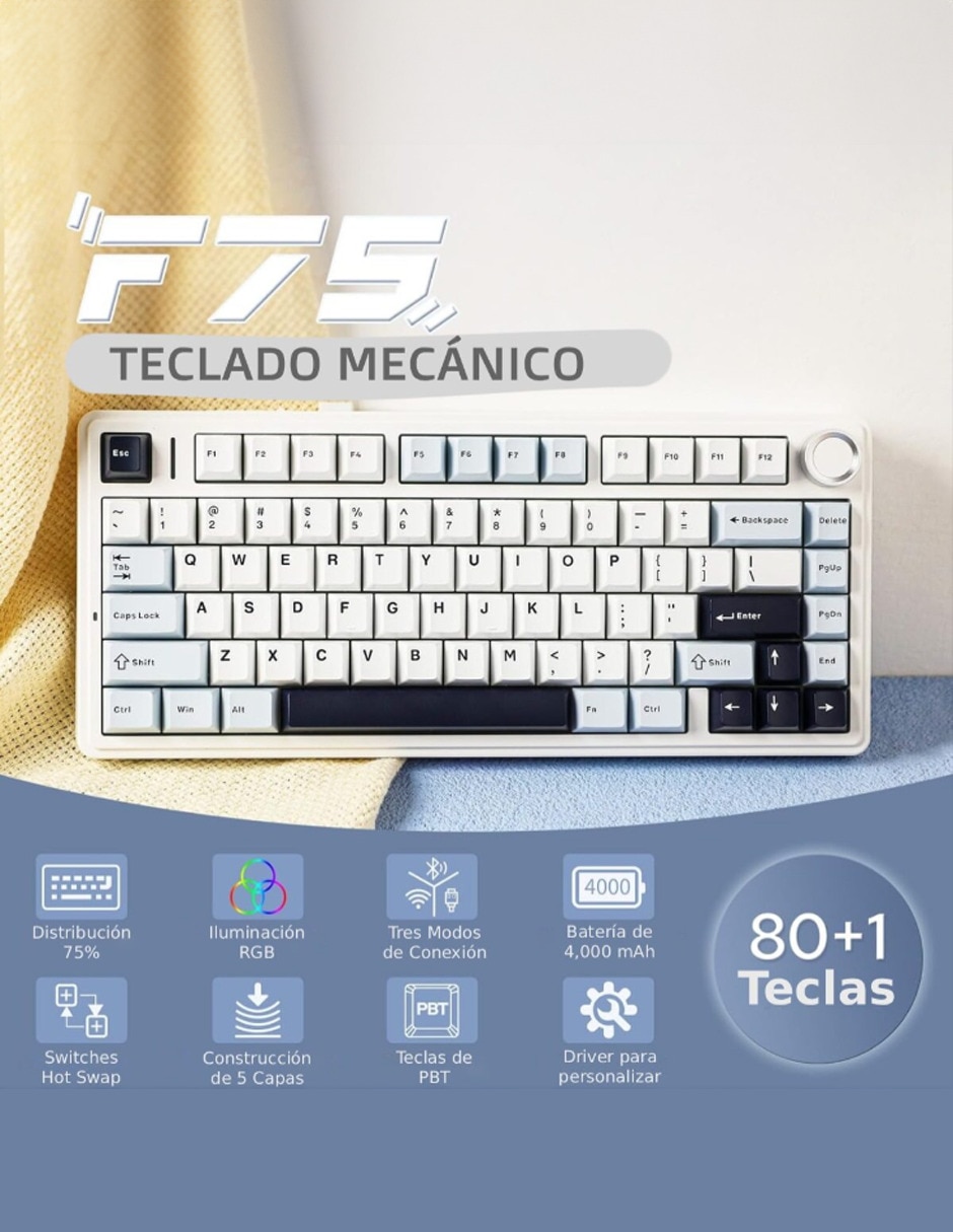 Teclado gamer alámbrico e inalámbrico qwert español con interruptor lineal (red black) f75 pro 5