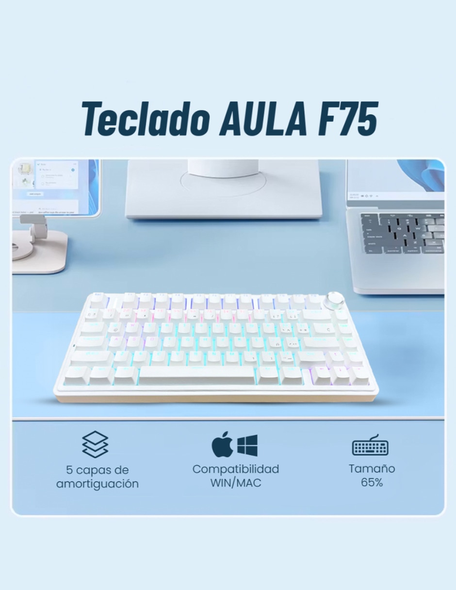Teclado gamer Usb-c qwert español con interruptor táctil (brown clear) f75 6